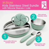 Stainless Steel Mealtime Bundle | Suction Sleeves | Plates, Bowls, Snack Cups + Toddler Utensils | 16 Pcs |  Sage/MistyBlue/Navy/Gray