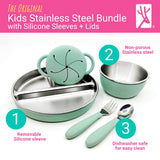 Stainless Steel Mealtime Bundle | Normal Sleeves | Plates, Bowls, Snack Cups + Toddler Utensils | 16 Pcs | Sage/MistyBlue/Navy/Gray