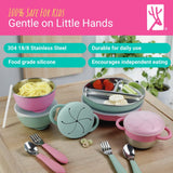 Stainless Steel Mealtime Bundle | Suction Sleeves | Plates, Bowls, Snack Cups + Toddler Utensils | 16 Pcs |  Sage/MistyBlue/Navy/Gray