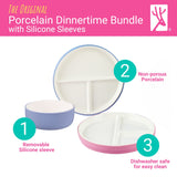 Kids Porcelain Mealtime Bundle | Suction Sleeves | 7.8" Plates + Bowls | 8 Pcs | Blush/Lilac/Sage/Misty Blue