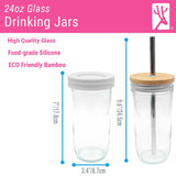 24oz Glass Mason Jar Drinking Tumblers + Food Storage (No Sleeves - White Lids)