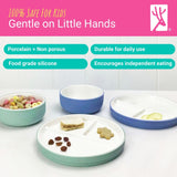 Kids Porcelain Mealtime Bundle | Suction Sleeves | 7.8" Plates + Bowls | 8 Pcs | Blush/Lilac/Sage/Misty Blue