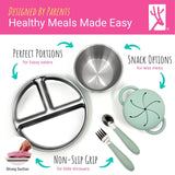 Stainless Steel Mealtime Bundle | Suction Sleeves | Plates, Bowls, Snack Cups + Toddler Utensils | 16 Pcs |  Sage/MistyBlue/Navy/Gray