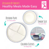 Kids Porcelain Mealtime Bundle | Suction Sleeves | 7.8" Plates + Bowls | 8 Pcs | Blush/Lilac/Sage/Misty Blue