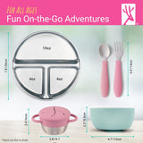 Stainless Steel Mealtime Bundle | Suction Sleeves | Plates, Bowls, Snack Cups + Toddler Utensils | 16 Pcs |  Sage/MistyBlue/Navy/Gray
