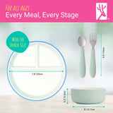 Kids Porcelain Mealtime Bundle | Plates, Bowls + Toddler Utensils | Suction Sleeves | Sage/MistyBlue