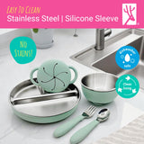 Stainless Steel Mealtime Bundle | Suction Sleeves | Plates, Bowls, Snack Cups + Toddler Utensils | 16 Pcs |  Sage/MistyBlue/Navy/Gray