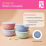 Stainless Steel Bowl with Silicone Sleeve + Lids