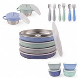 Stainless Steel Mealtime Bundle | Normal Sleeves | Plates, Bowls, Snack Cups + Toddler Utensils | 16 Pcs | Sage/MistyBlue/Navy/Gray