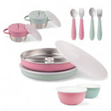 Stainless Steel Mealtime Bundle | Plates, Bowls, Snack Cups + Toddler Utensils | Normal Sleeves | Blush/Sage