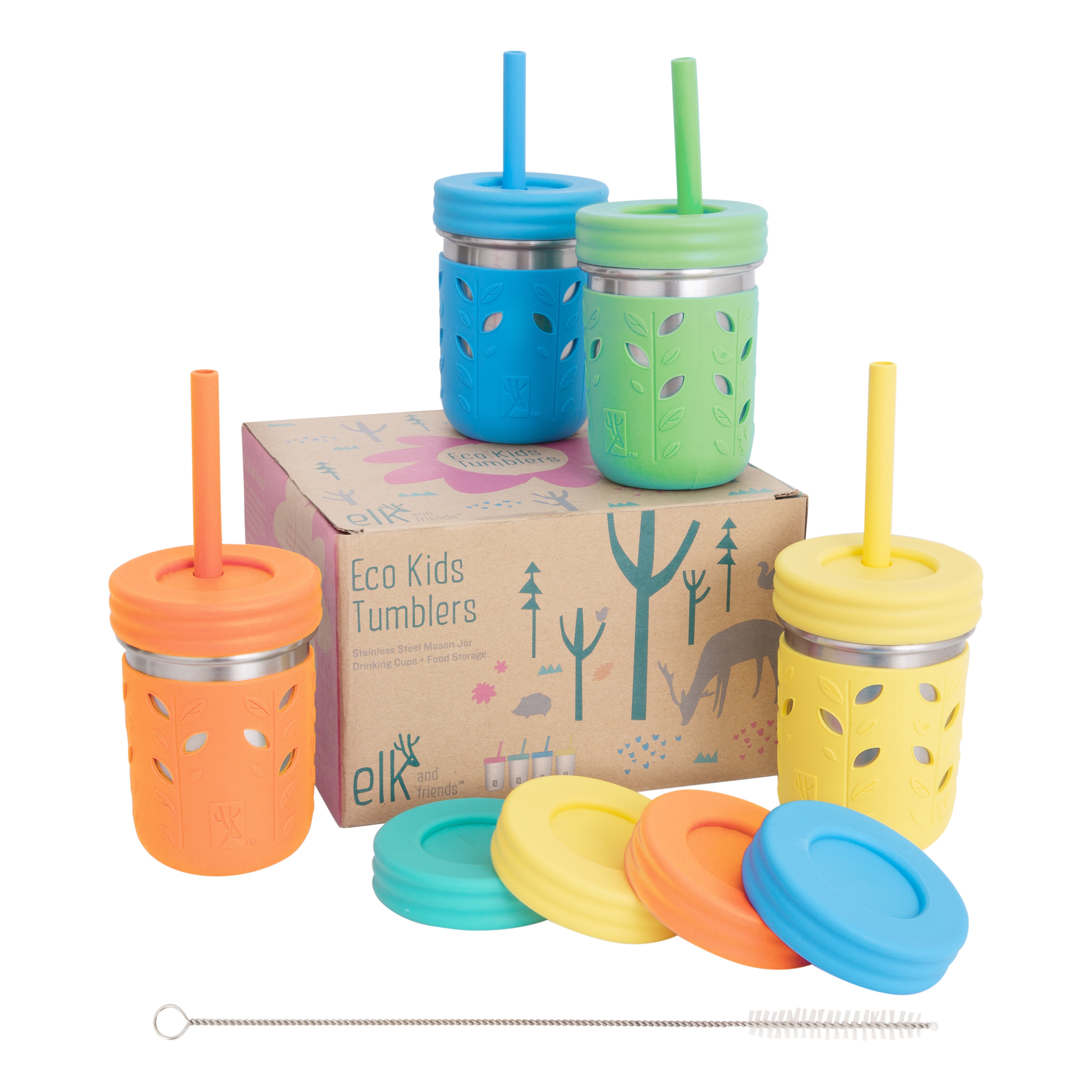 Elk and Friends Smoothie Cups For Kids & Toddler | The Original Glass Mason  Jars 12 oz with Silicone Sleeves & Straws |Spill Proof