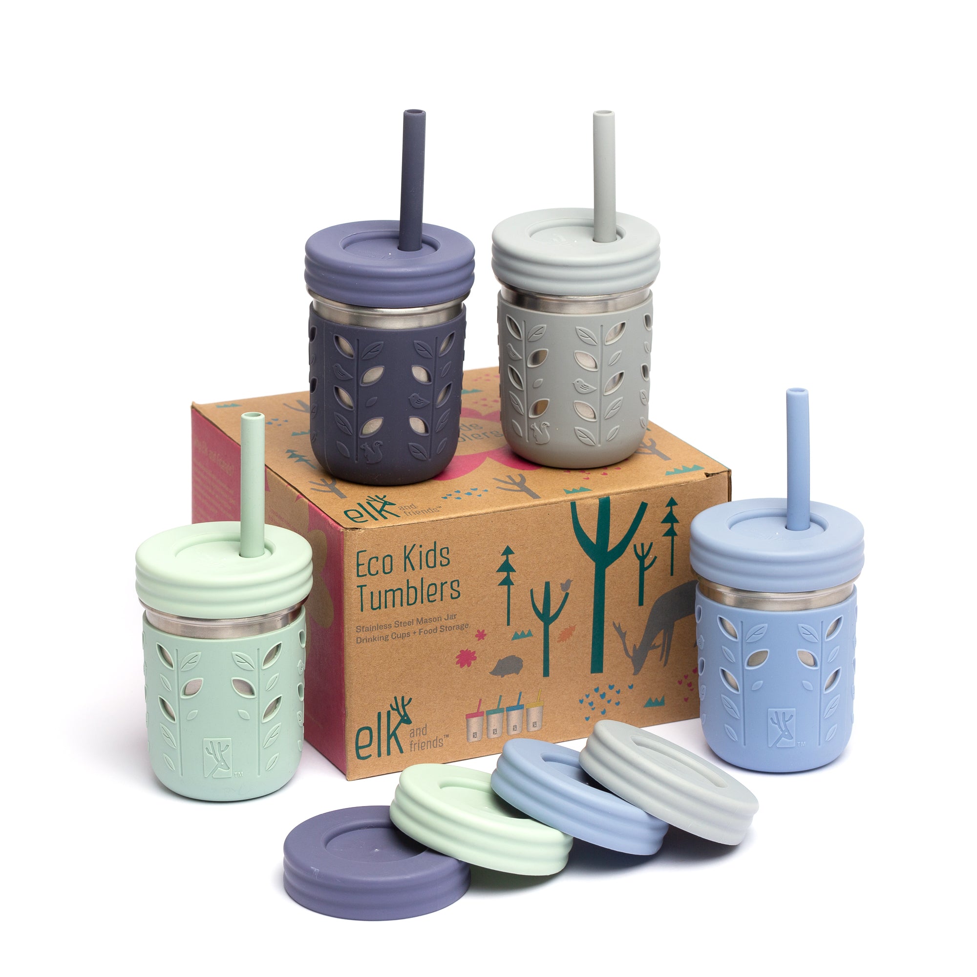 Elk and Friends Kids & Toddler Cups | The Original Glass Mason jars 8 oz  with Silicone Sleeves & Silicone Straws with Stoppers | Smoothie Cups |  Spill