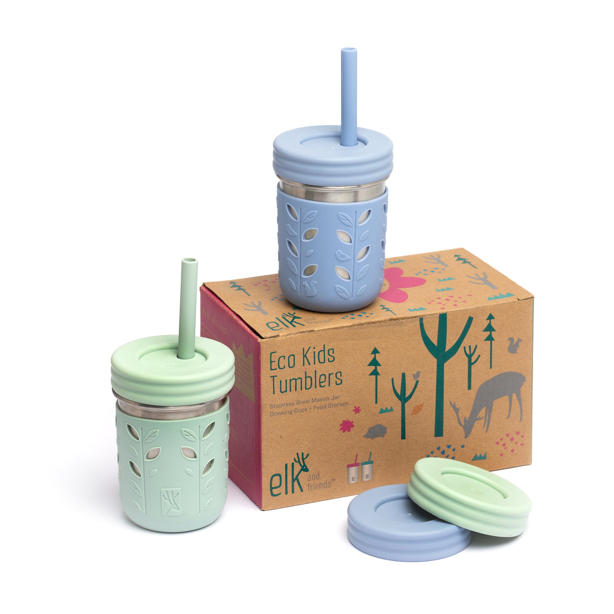 Elk and Friends Kids & Toddler Cups, The Original Glass Mason jars 8 oz  with Silicone Straws with Stoppers, Smoothie Cups
