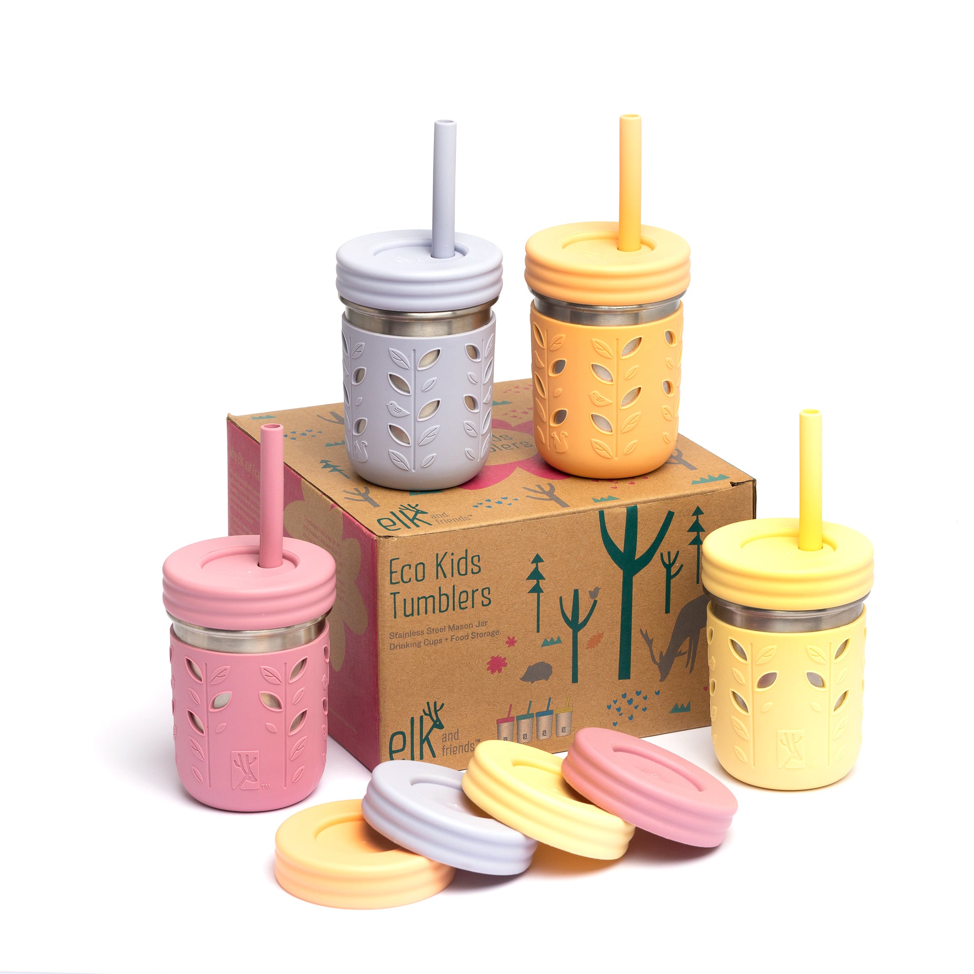 Elk and Friends 16 oz Mason Jar Cups with Silicone Lids + Silicone Straws |  Pint Glass Jars | Smoothie Cups | Drinking Glasses | Oats Container + Food