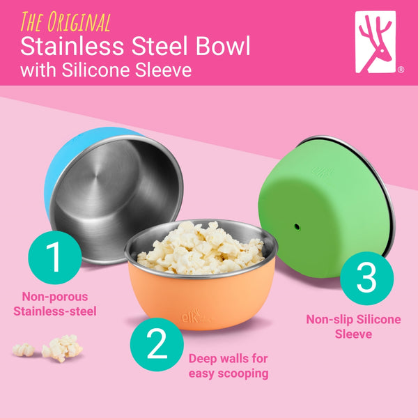 Stainless Steel Bowl with Silicone Sleeve + Lids