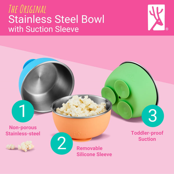 Stainless Steel Bowl with Silicone Suction Sleeve + Lids