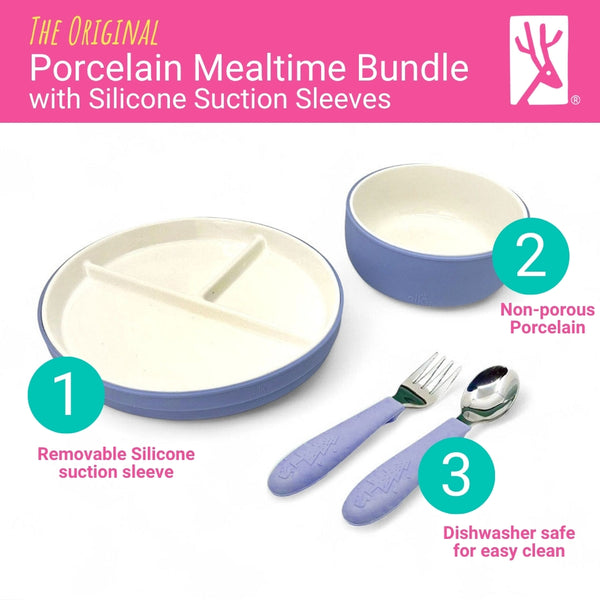 Kids Porcelain Mealtime Bundle | Plates, Bowls + Toddler Utensils | Suction Sleeves | Blush/Sage