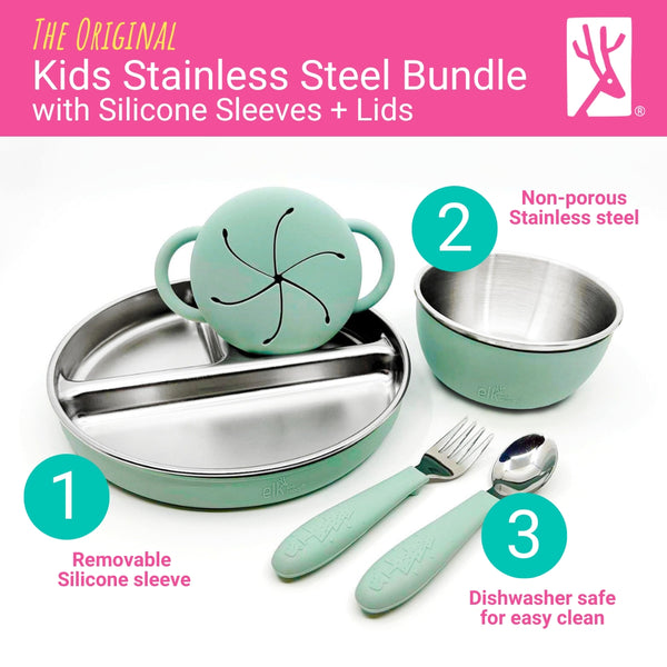 Stainless Steel Mealtime Bundle | Plates, Bowls, Snack Cups + Toddler Utensils | Normal Sleeves | Blush/Sage