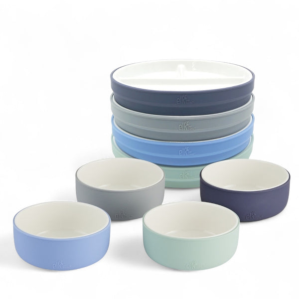 Kids Porcelain Mealtime Bundle | Normal Sleeves | 7.8" Plates + Bowls | 8 Pcs | Sage/Misty Blue/Navy/Gray