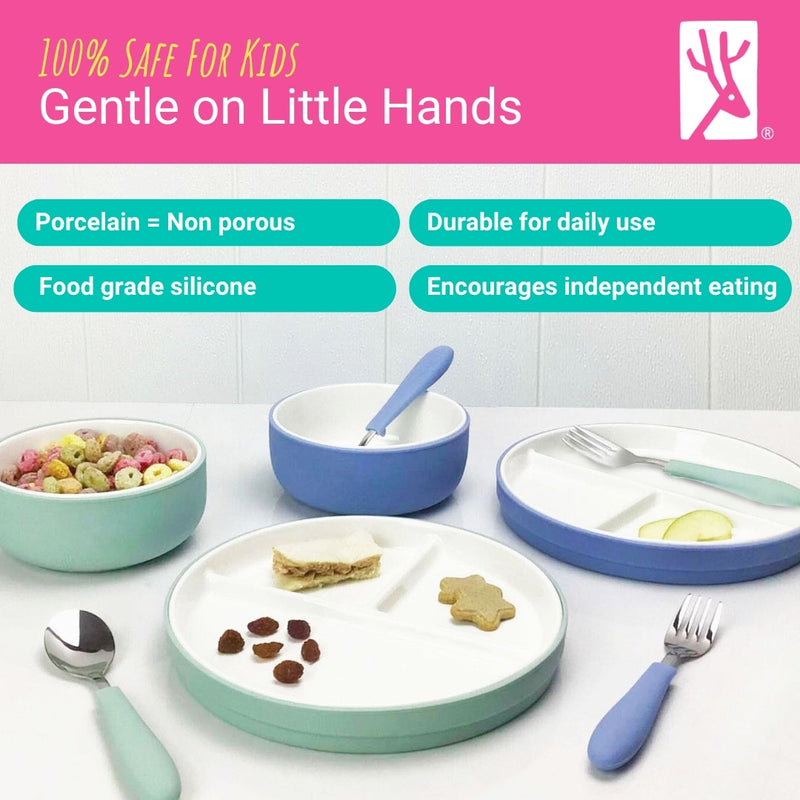 Kids Porcelain Mealtime Bundle | Plates, Bowls + Toddler Utensils | Suction Sleeves | Blush/Sage