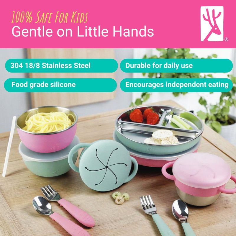 Stainless Steel Mealtime Bundle | Plates, Bowls, Snack Cups + Toddler Utensils | Normal Sleeves | Sage/MistyBlue