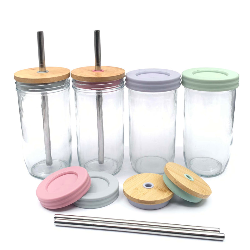 24oz Glass Mason Jar Drinking Tumblers + Food Storage (No Sleeves - Colored Lids)