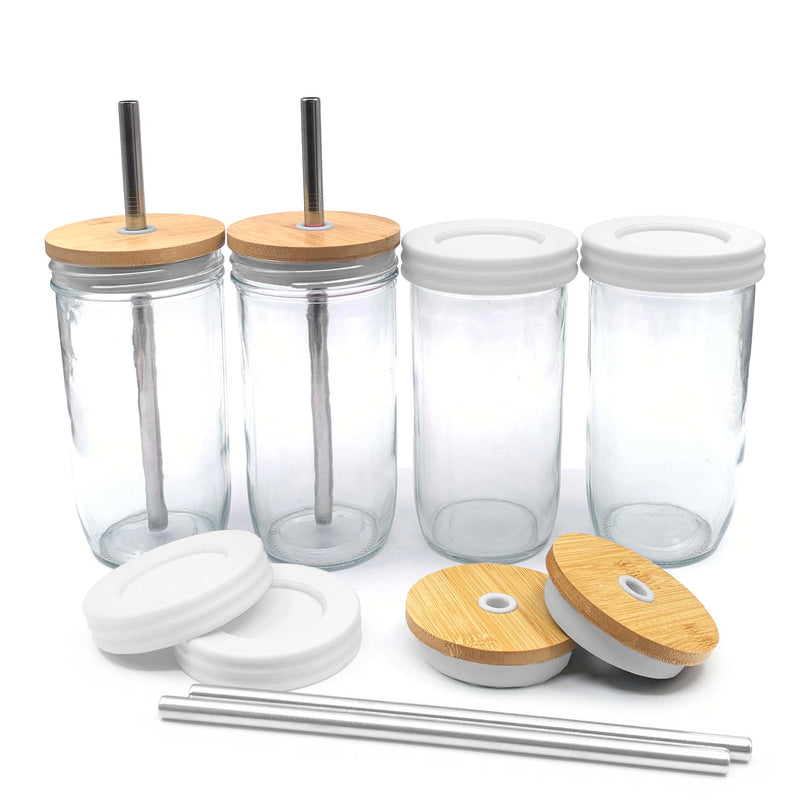 24oz Glass Mason Jar Drinking Tumblers + Food Storage (No Sleeves - White Lids)