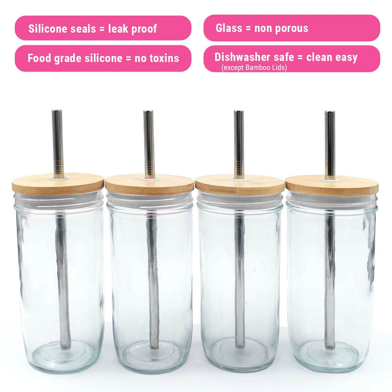 24oz Glass Mason Jar Drinking Tumblers + Food Storage (No Sleeves