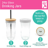 24oz Glass Mason Jar Drinking Tumblers + Food Storage (No Sleeves - White Lids)