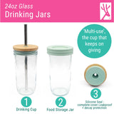 24oz Glass Mason Jar Drinking Tumblers + Food Storage (No Sleeves - Colored Lids)