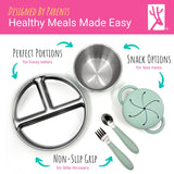Stainless Steel Mealtime Bundle | Plates, Bowls, Snack Cups + Toddler Utensils | Normal Sleeves | Sage/MistyBlue