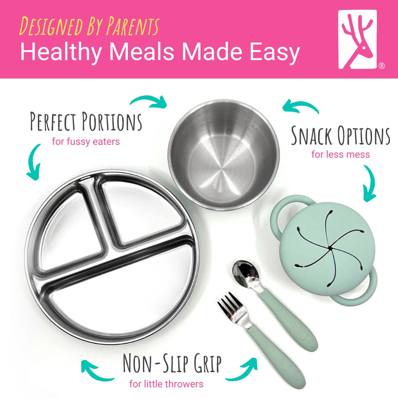 Stainless Steel Mealtime Bundle | Plates, Bowls, Snack Cups + Toddler Utensils | Normal Sleeves | Sage/MistyBlue