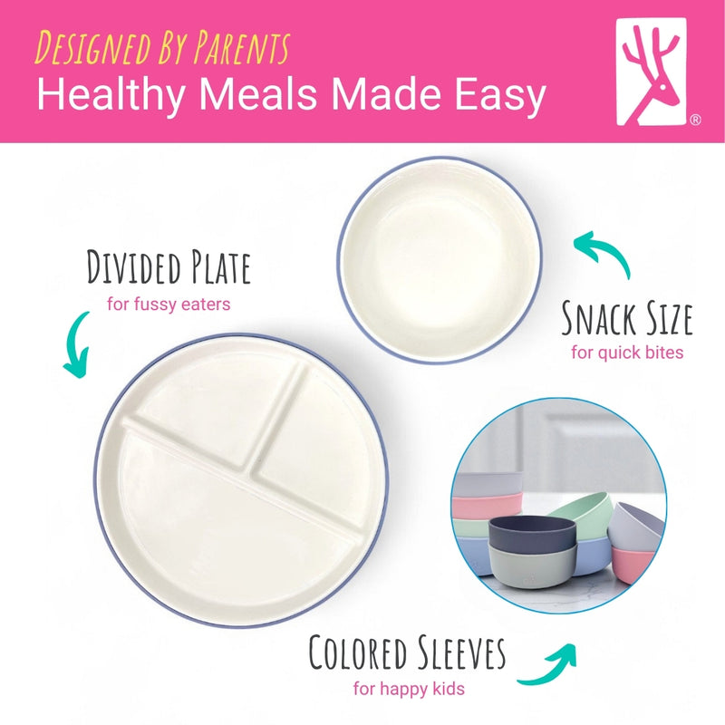 Kids Porcelain Mealtime Bundle | Normal Sleeves | 6.7" Plates + Bowls | 8 Pcs | Sage/Misty Blue/Navy/Gray