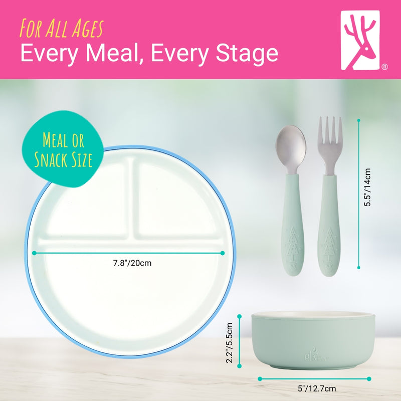 Kids Porcelain Mealtime Bundle | Plates, Bowls + Toddler Utensils | Suction Sleeves | Blush/Sage