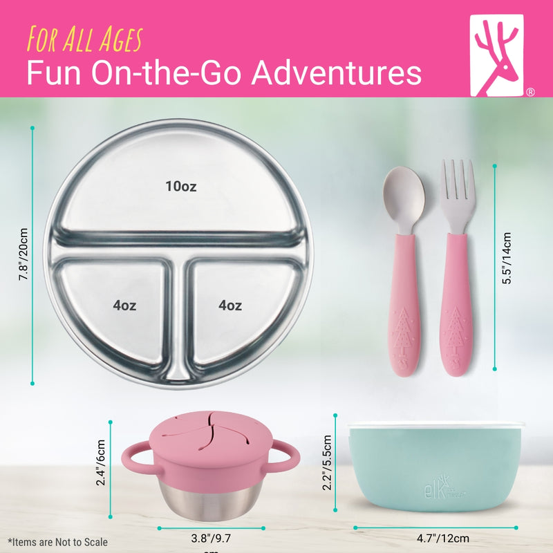 Stainless Steel Mealtime Bundle | Plates, Bowls, Snack Cups + Toddler Utensils | Normal Sleeves | Sage/MistyBlue