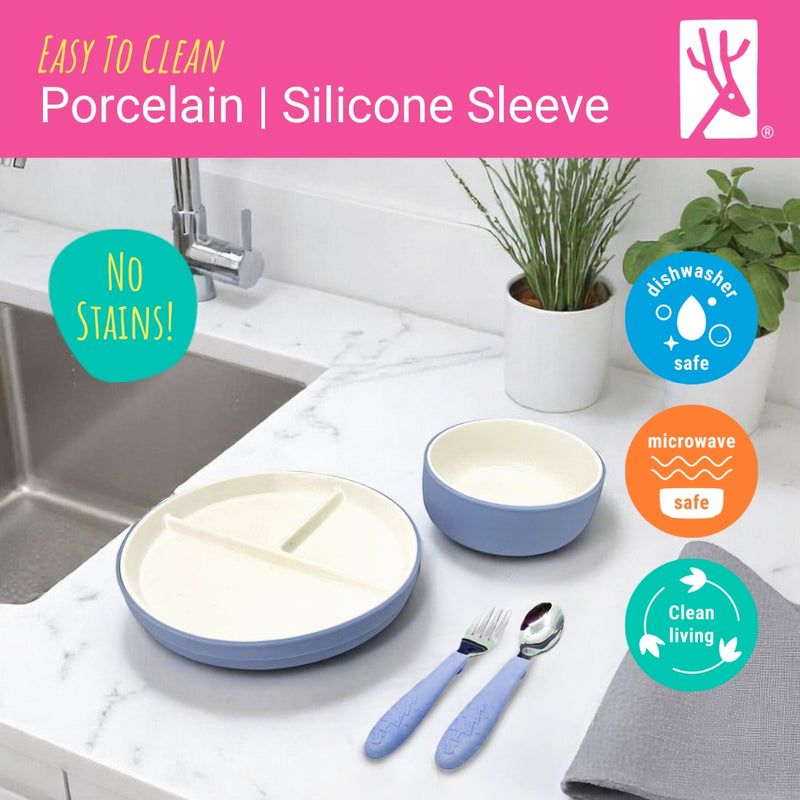 Kids Porcelain Mealtime Bundle | Plates, Bowls + Toddler Utensils | Suction Sleeves | Blush/Sage