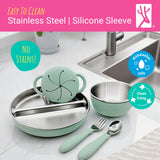 Stainless Steel Mealtime Bundle | Plates, Bowls, Snack Cups + Toddler Utensils | Normal Sleeves | Sage/MistyBlue