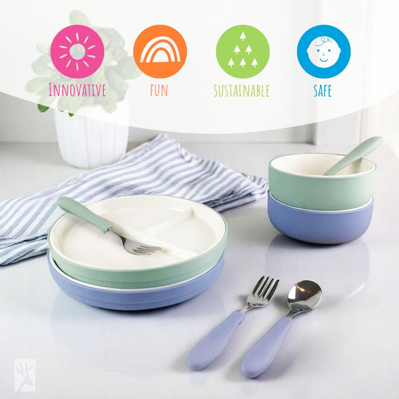 Kids Porcelain Mealtime Bundle | Plates, Bowls + Toddler Utensils | Suction Sleeves | Blush/Sage