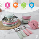 Stainless Steel Mealtime Bundle | Plates, Bowls, Snack Cups + Toddler Utensils | Normal Sleeves | Sage/MistyBlue