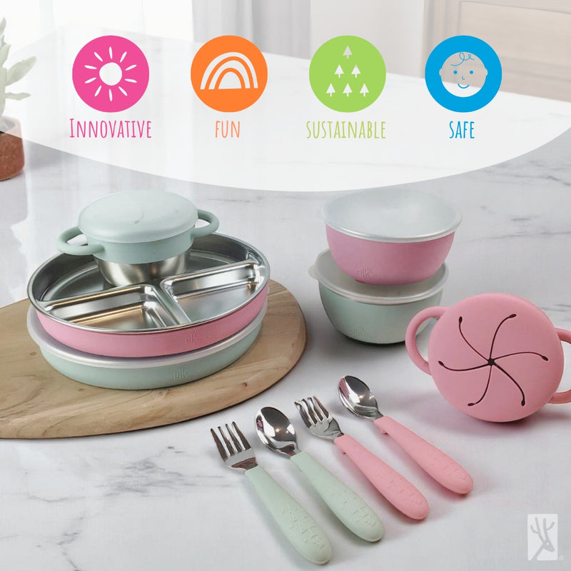 Stainless Steel Mealtime Bundle | Plates, Bowls, Snack Cups + Toddler Utensils | Normal Sleeves | Sage/MistyBlue