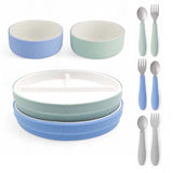 Kids Porcelain Mealtime Bundle | Normal Sleeves | 7.8" Plates, Bowls + Toddler Utensils | 10 Pcs | Sage/MistyBlue