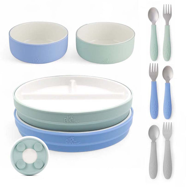 Kids Porcelain Mealtime Bundle | Suction Sleeves | 7.8" Plates, Bowls + Toddler Utensils |  10 Pc | Sage/MistyBlue