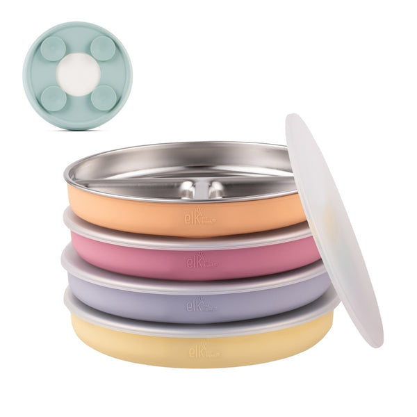 Baby Plates Stainless Steel Toddler Plates With Suction (2-Pack) - Divided With Spoon & Bib Divided Plates With Suction