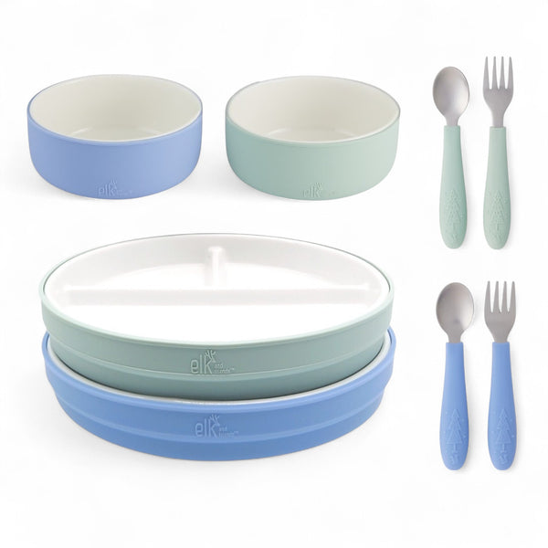 Elk and Friends Kids Porcelain Mealtime Bundle | Normal Sleeves | Sage/MistyBlue