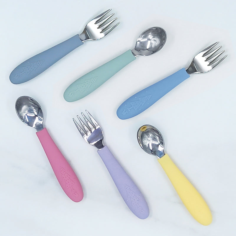 Babies/Toddler Stainless Steel Spoons + Forks with Silicone Handle – Elk  and Friends