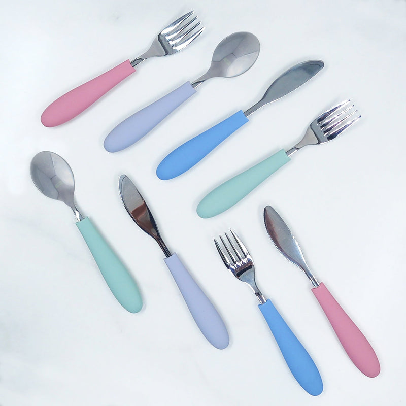 Kids Stainless Steel Spoon + Fork + Knife with Silicone Handle (4