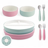 Kids Porcelain Mealtime Bundle | Plates, Bowls + Toddler Utensils | Suction Sleeves | Blush/Sage