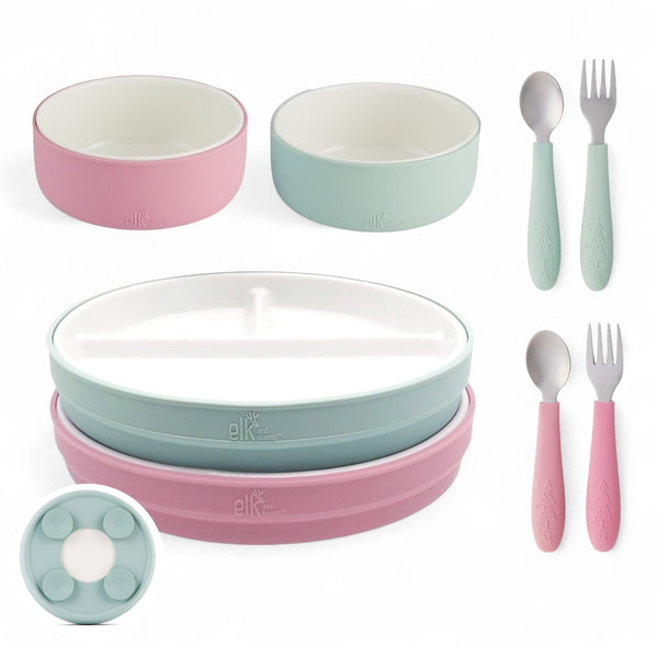 Kids Porcelain Mealtime Bundle | Plates, Bowls + Toddler Utensils | Suction Sleeves | Blush/Sage