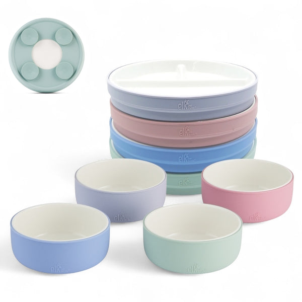 Kids Porcelain Mealtime Bundle | Suction Sleeves | 7.8" Plates + Bowls | 8 Pcs | Blush/Lilac/Sage/Misty Blue