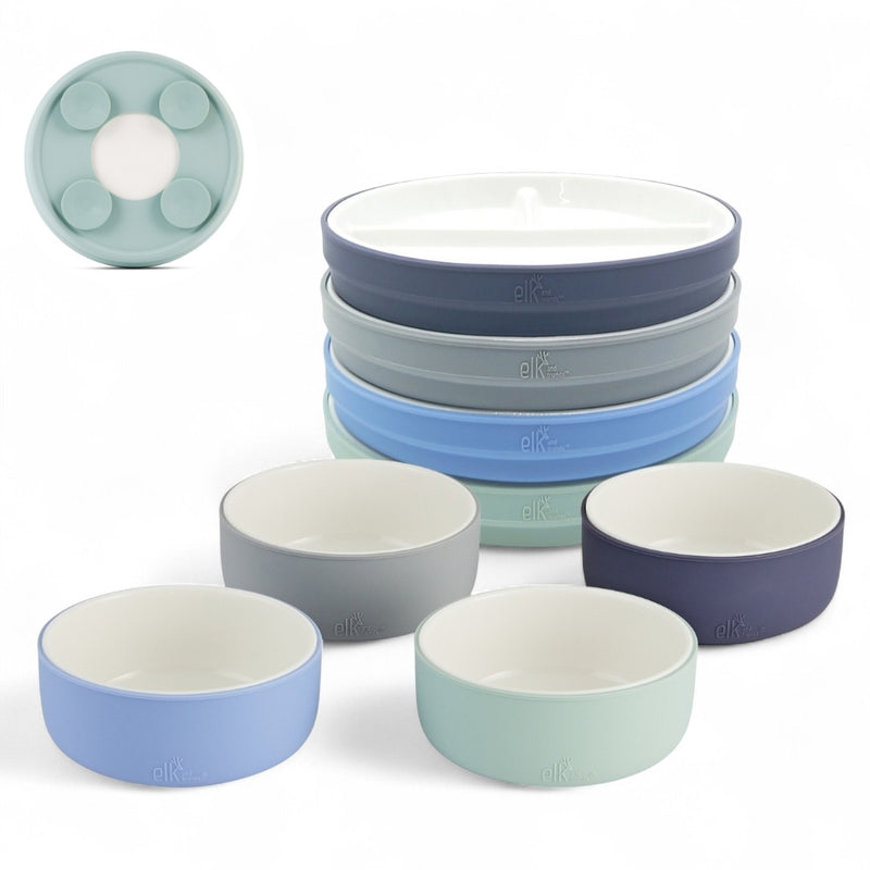Kids Porcelain Mealtime Bundle | Suction Sleeves | 6.7" Plates + Bowls | 8 Pcs | Sage/Misty Blue/Navy/Gray